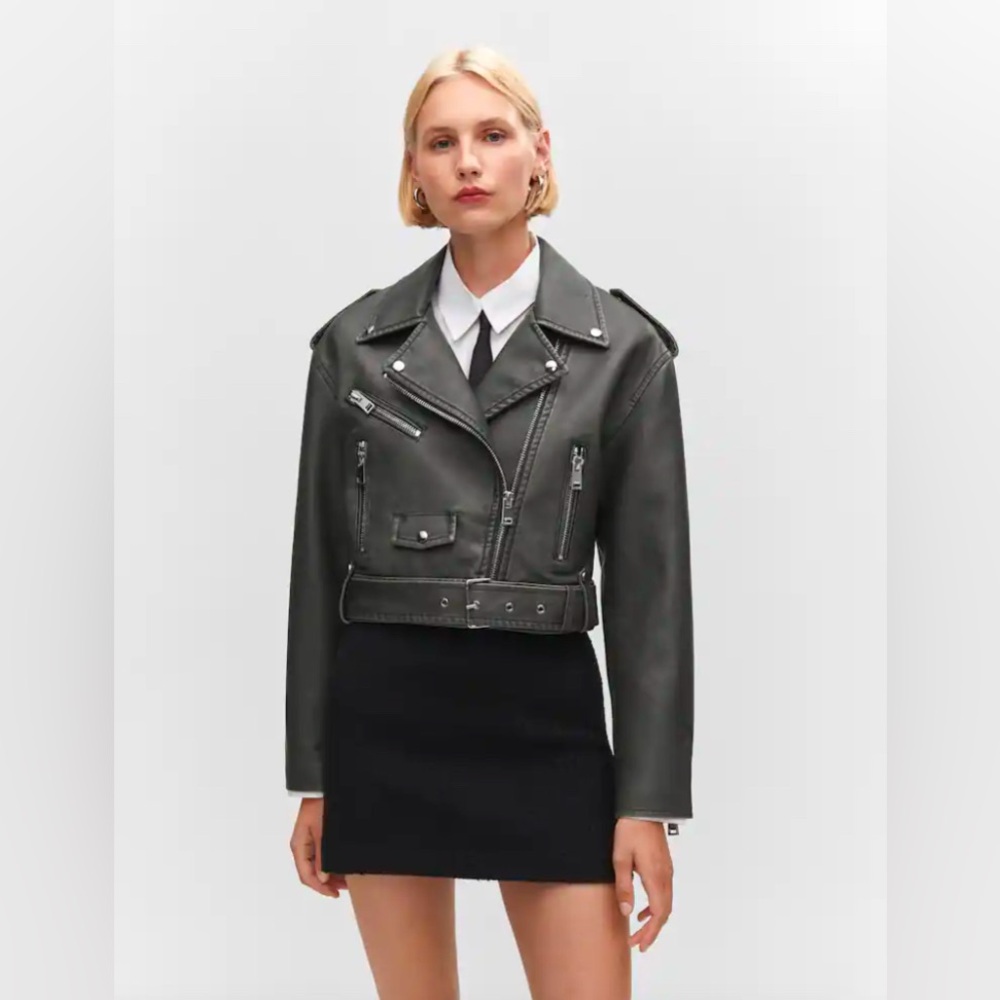 Mango distressed effect biker jacket faux leather